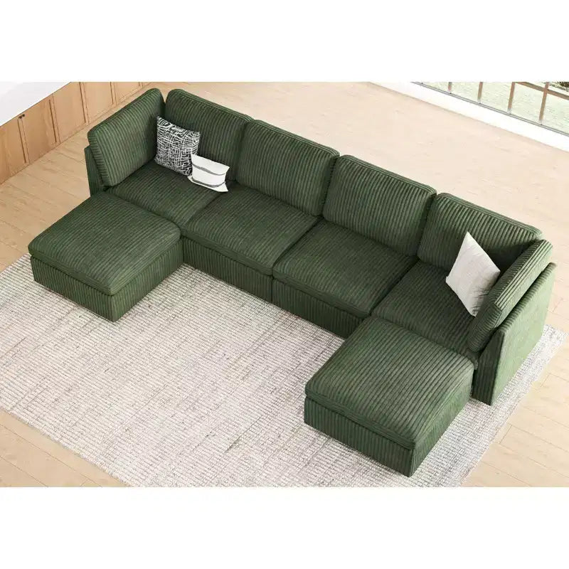 Divano componibile a 6 posti a forma di U Belffin - Divano modulare in velluto a coste con pouf contenitore e design convertibile