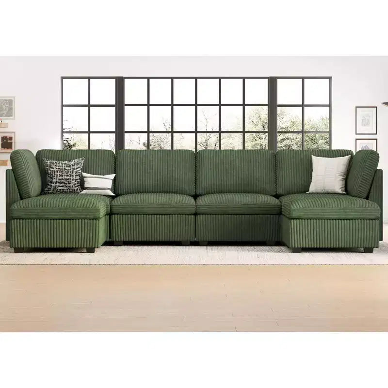 Divano componibile a 6 posti a forma di U Belffin - Divano modulare in velluto a coste con pouf contenitore e design convertibile