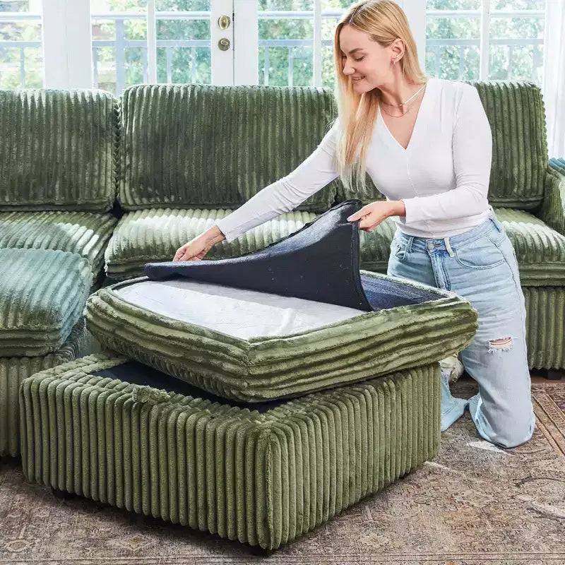 Divano componibile a 6 posti a forma di U Belffin - Divano modulare in velluto a coste con pouf contenitore e design convertibile