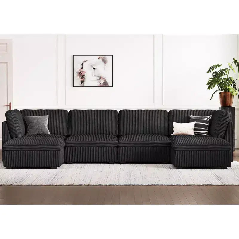 Divano componibile a 6 posti a forma di U Belffin - Divano modulare in velluto a coste con pouf contenitore e design convertibile