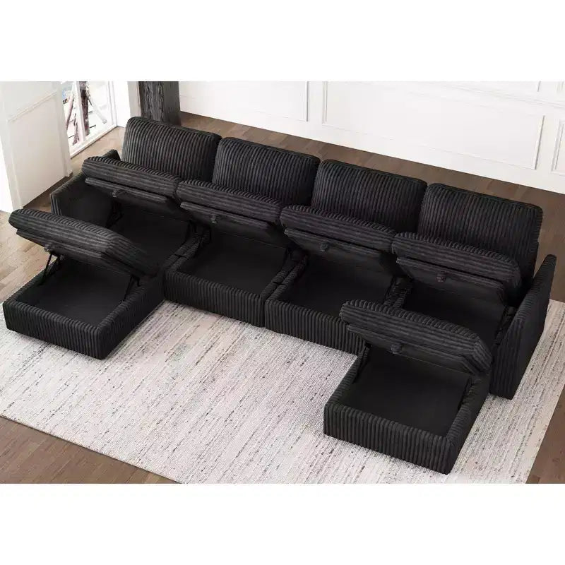 Divano componibile a 6 posti a forma di U Belffin - Divano modulare in velluto a coste con pouf contenitore e design convertibile