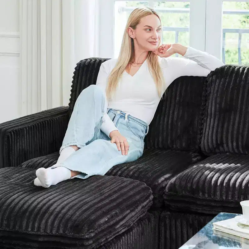 Divano componibile a 6 posti a forma di U Belffin - Divano modulare in velluto a coste con pouf contenitore e design convertibile