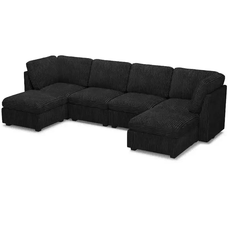 Divano componibile a 6 posti a forma di U Belffin - Divano modulare in velluto a coste con pouf contenitore e design convertibile