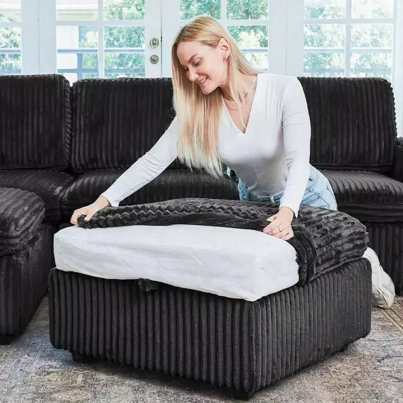 Divano componibile a 6 posti a forma di U Belffin - Divano modulare in velluto a coste con pouf contenitore e design convertibile