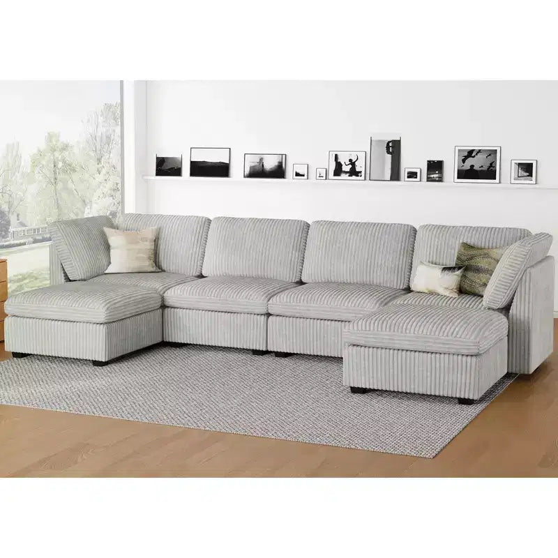 Divano componibile a 6 posti a forma di U Belffin - Divano modulare in velluto a coste con pouf contenitore e design convertibile