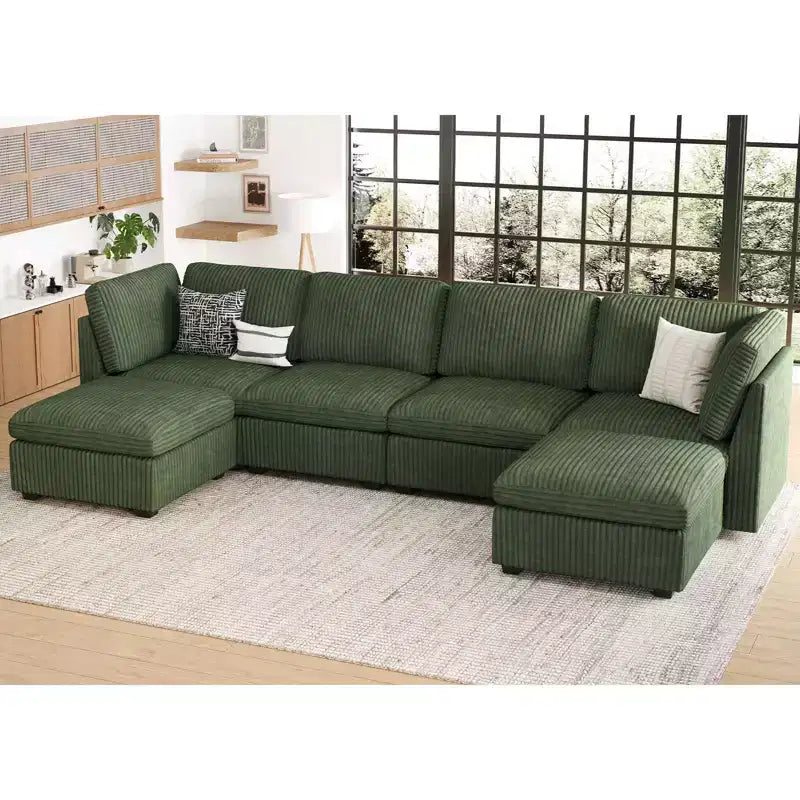 Divano componibile a 6 posti a forma di U Belffin - Divano modulare in velluto a coste con pouf contenitore e design convertibile