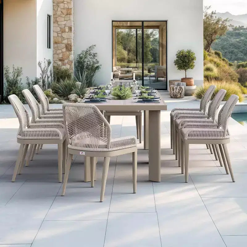 Set da pranzo PURPLE LEAF con tavolo in metallo e sedie in vimini per portico, giardino, cucina, set di mobili moderni da esterno