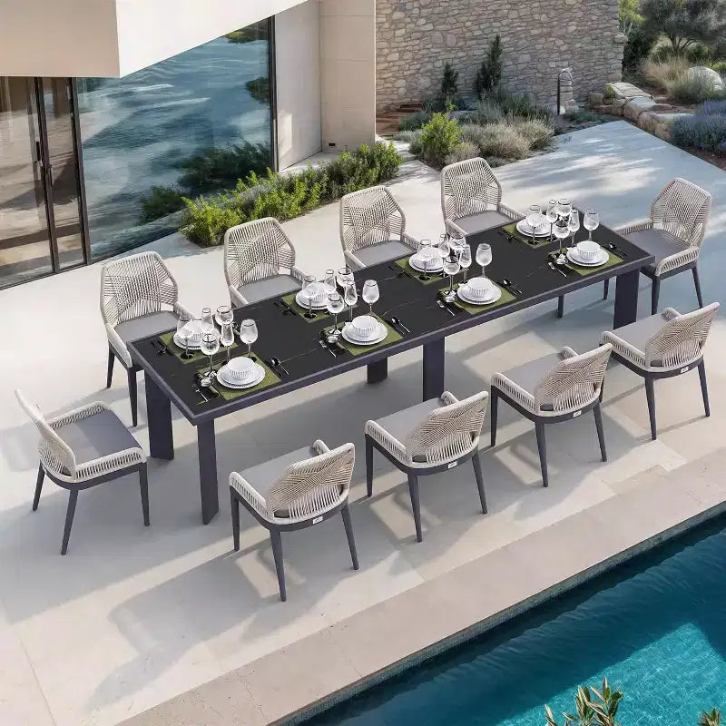 Set da pranzo PURPLE LEAF con tavolo in metallo e sedie in vimini per portico, giardino, cucina, set di mobili moderni da esterno