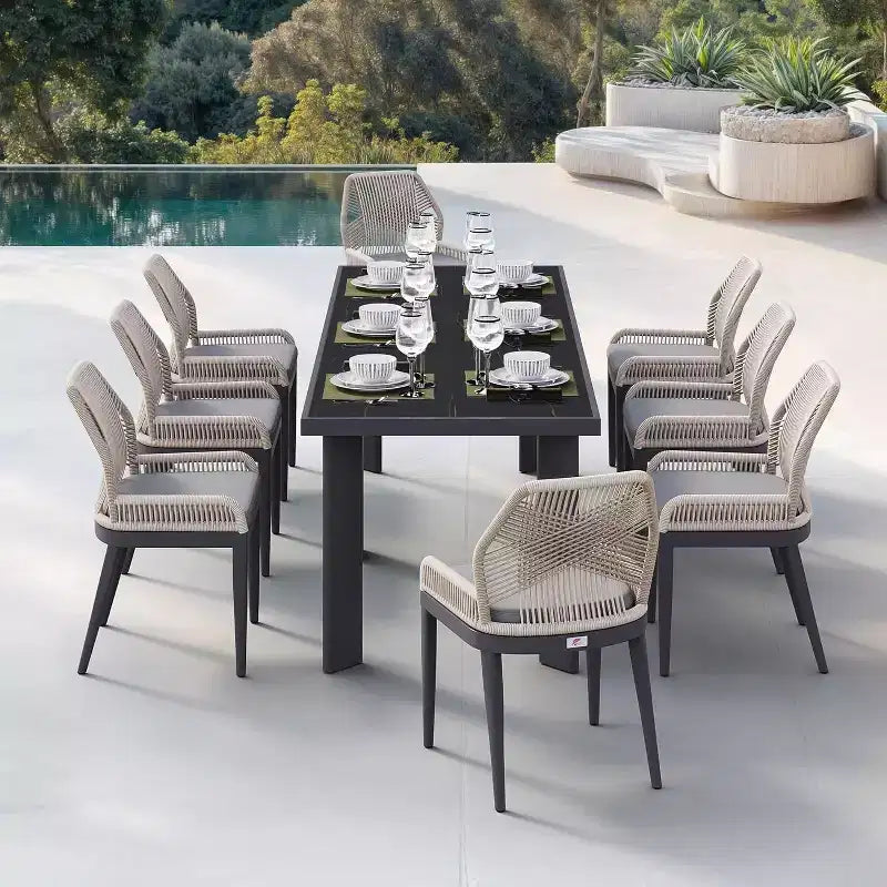 Set da pranzo PURPLE LEAF con tavolo in metallo e sedie in vimini per portico, giardino, cucina, set di mobili moderni da esterno