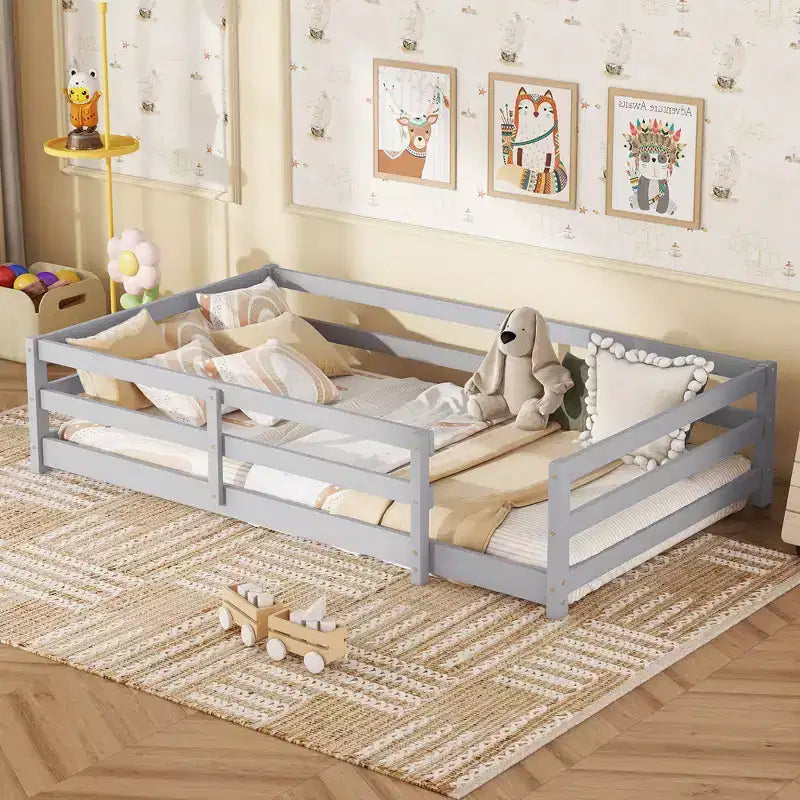 Struttura letto Okak per bambini, dimensioni singole/matrimoniali, letto per bambini moderno a basso profilo con spondine di sicurezza, struttura in legno massello per la camera dei bambini