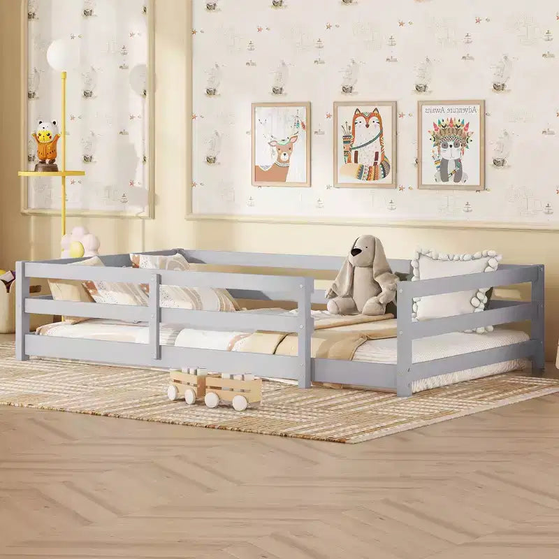 Struttura letto Okak per bambini, dimensioni singole/matrimoniali, letto per bambini moderno a basso profilo con spondine di sicurezza, struttura in legno massello per la camera dei bambini