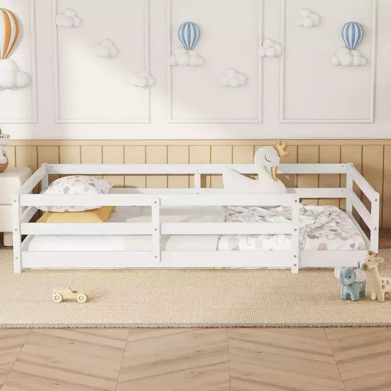 Struttura letto Okak per bambini, dimensioni singole/matrimoniali, letto per bambini moderno a basso profilo con spondine di sicurezza, struttura in legno massello per la camera dei bambini