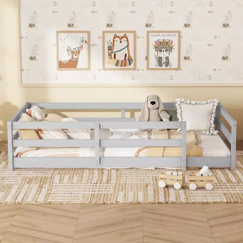 Struttura letto Okak per bambini, dimensioni singole/matrimoniali, letto per bambini moderno a basso profilo con spondine di sicurezza, struttura in legno massello per la camera dei bambini