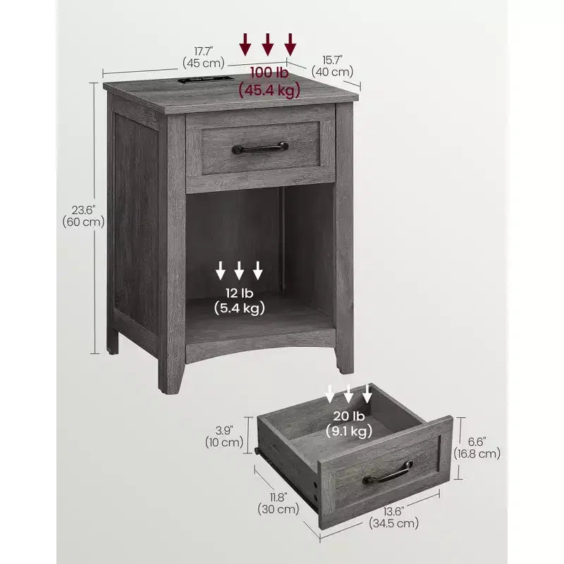 LIRY Set di 2 comodini da fattoria con stazione di ricarica USB, cassetto e ripiano aperto, tavolino da notte per l'arredamento della casa, Grigio Nebbia