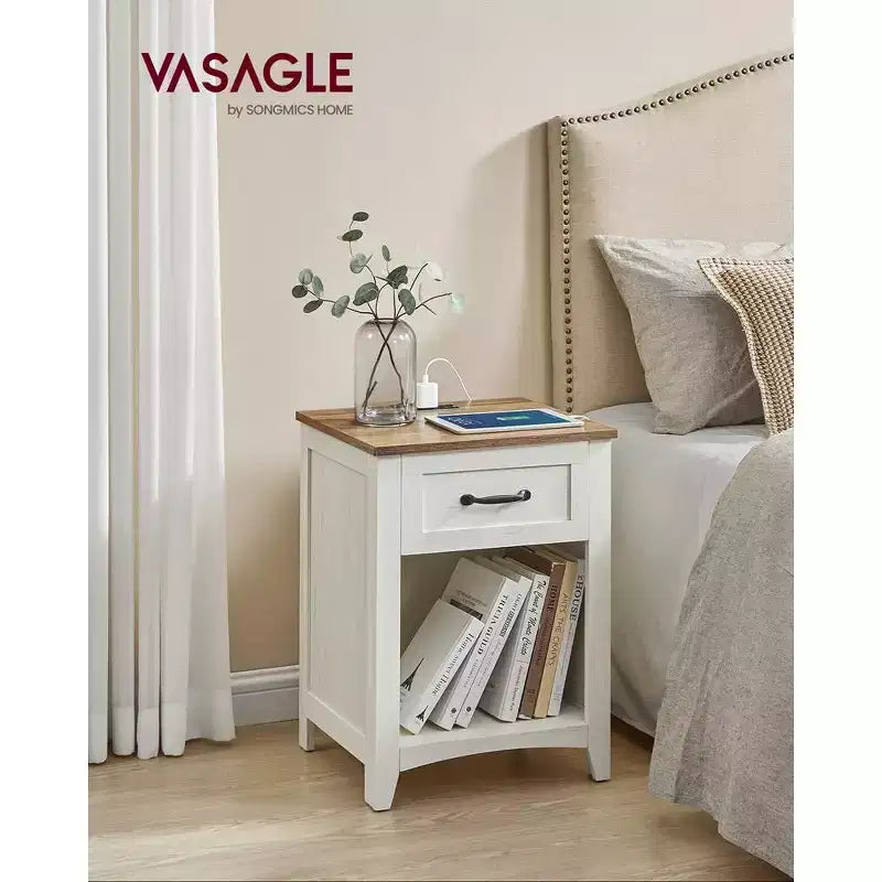 LIRY Set di 2 comodini da fattoria con stazione di ricarica USB, cassetto e ripiano aperto, tavolino da notte per l'arredamento della casa, Grigio Nebbia