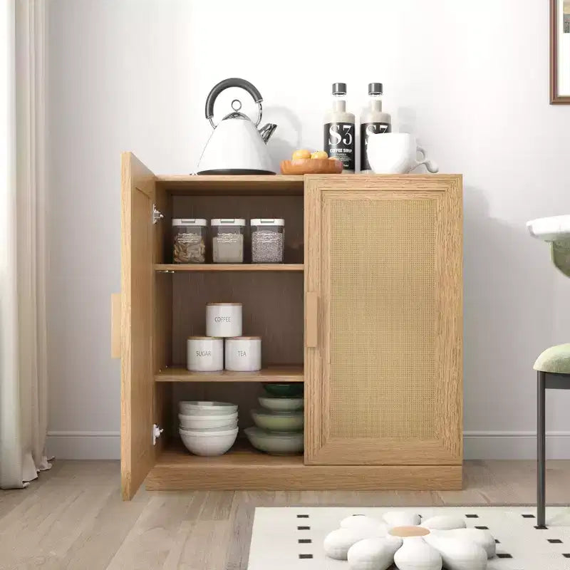 Mobile buffet 31x31x16 in legno, organizer contenitore con ripiani regolabili e ante in rattan per cucina, camera da letto, soggiorno/sala da pranzo
