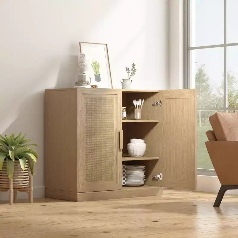 Mobile buffet 31x31x16 in legno, organizer contenitore con ripiani regolabili e ante in rattan per cucina, camera da letto, soggiorno/sala da pranzo