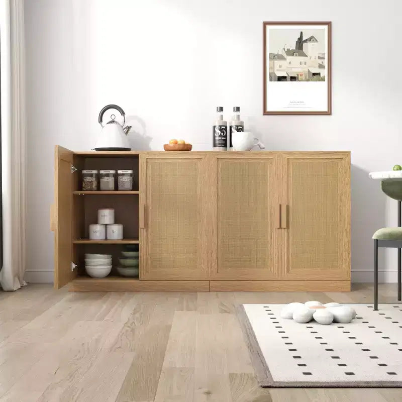 Mobile buffet 31x31x16 in legno, organizer contenitore con ripiani regolabili e ante in rattan per cucina, camera da letto, soggiorno/sala da pranzo