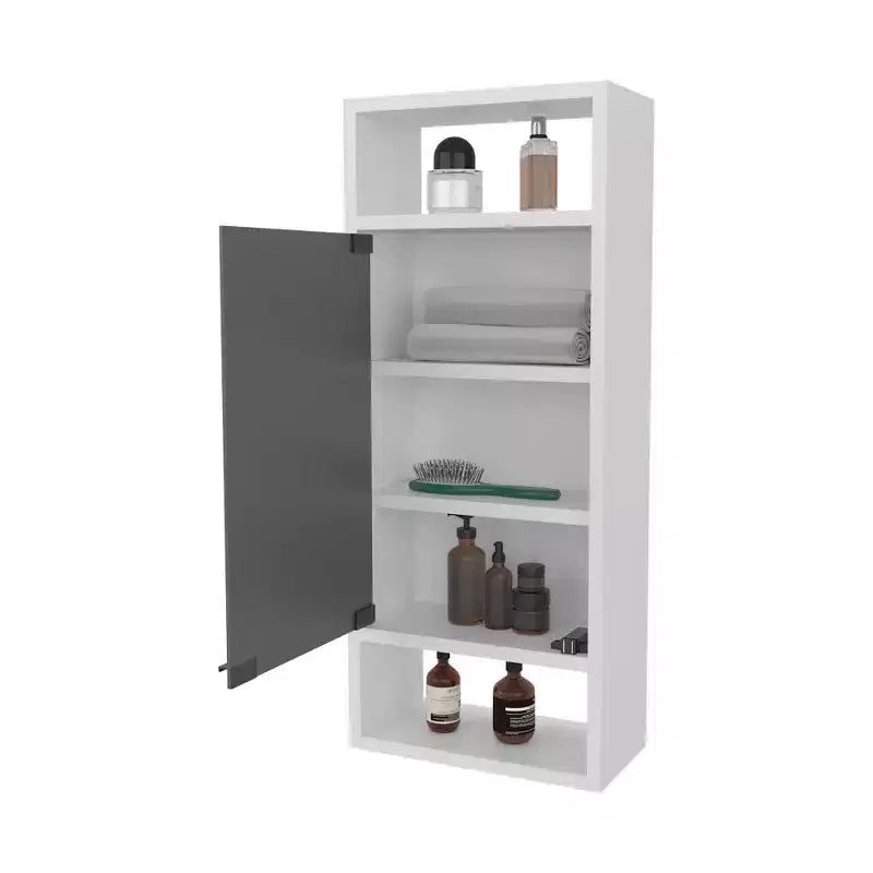 Elegante Mobiletto da Bagno in Legno di Pino con Specchio e Vano a Giorno | Bianco