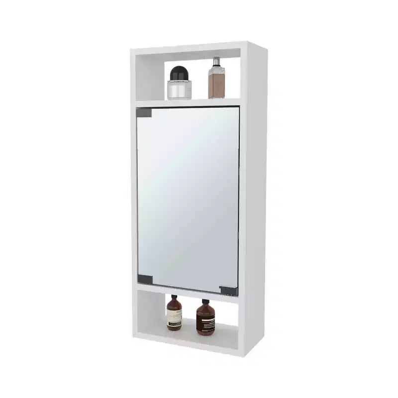 Elegante Mobiletto da Bagno in Legno di Pino con Specchio e Vano a Giorno | Bianco