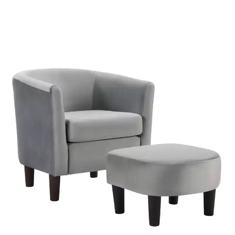 Poltrona moderna Bestier in velluto grigio con poggiapiedi, schienale a U e seduta imbottita spessa 4 cm