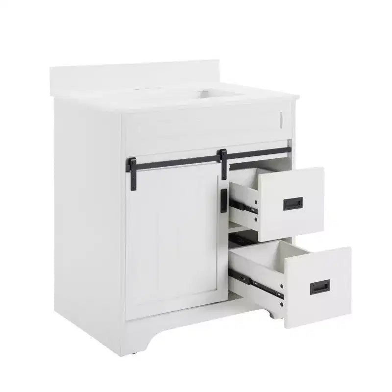 Mobile da bagno Bestier 30" bianco stile rustico con ante scorrevoli a persiana, 2 cassetti, mobile indipendente con alzatina protettiva