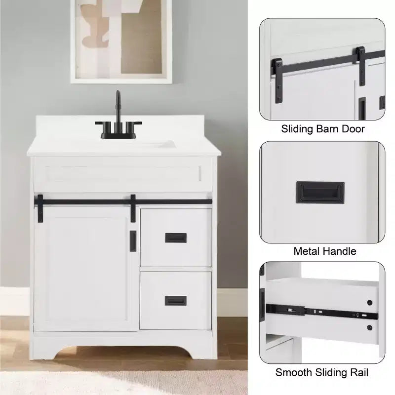 Mobile da bagno Bestier 30" bianco stile rustico con ante scorrevoli a persiana, 2 cassetti, mobile indipendente con alzatina protettiva