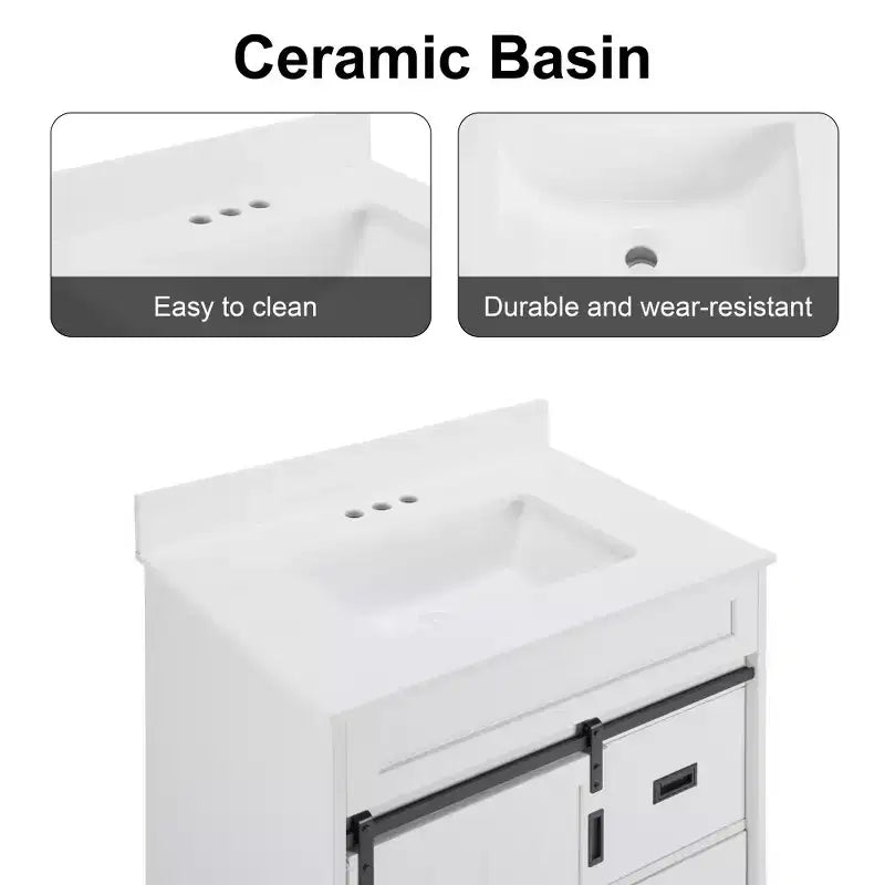 Mobile da bagno Bestier 30" bianco stile rustico con ante scorrevoli a persiana, 2 cassetti, mobile indipendente con alzatina protettiva