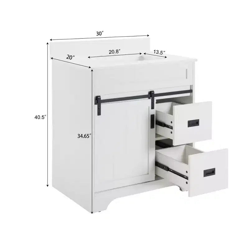Mobile da bagno Bestier 30" bianco stile rustico con ante scorrevoli a persiana, 2 cassetti, mobile indipendente con alzatina protettiva