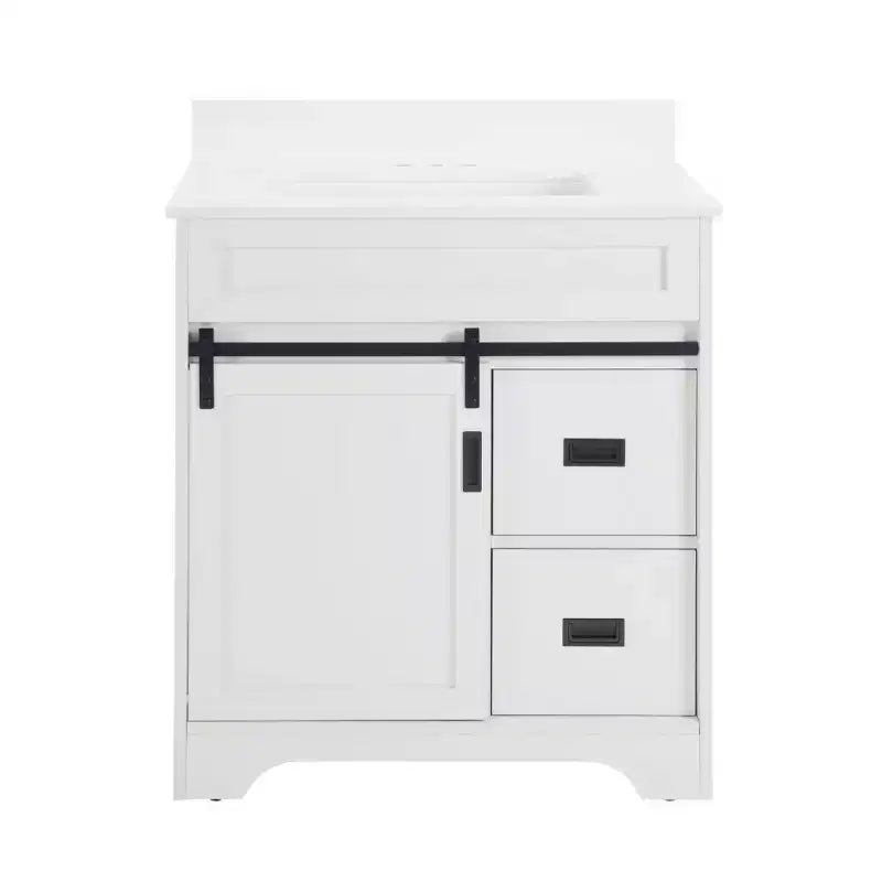 Mobile da bagno Bestier 30" bianco stile rustico con ante scorrevoli a persiana, 2 cassetti, mobile indipendente con alzatina protettiva