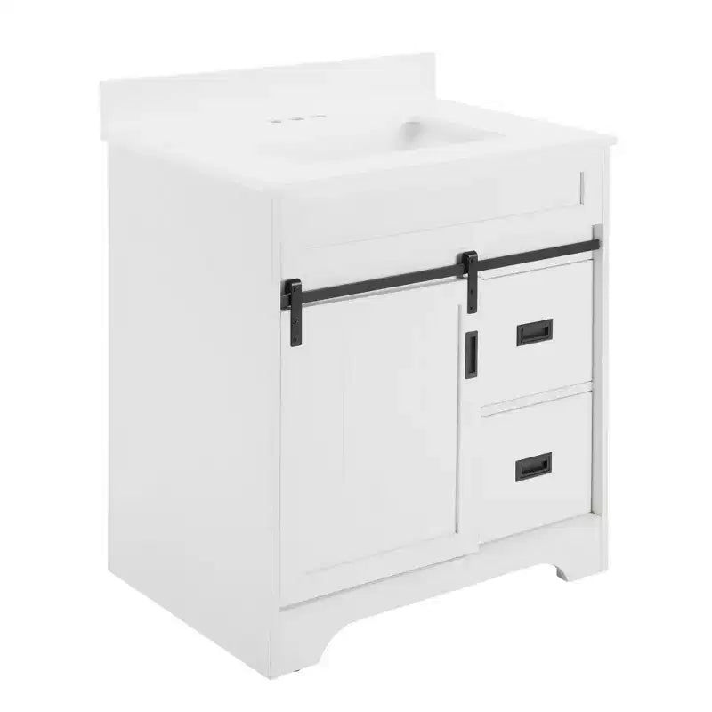 Mobile da bagno Bestier 30" bianco stile rustico con ante scorrevoli a persiana, 2 cassetti, mobile indipendente con alzatina protettiva