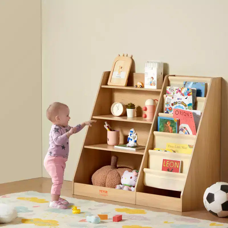 VEVOR Scaffale per Libri per Bambini a 4 Livelli in Legno, Libreria a Sospensione a Sei Strati, Portaoggetti per Libri per Neonati, Armadietto Organizzatore per Libri e Giocattoli, per Cameretta dei Bambini, Sala Giochi