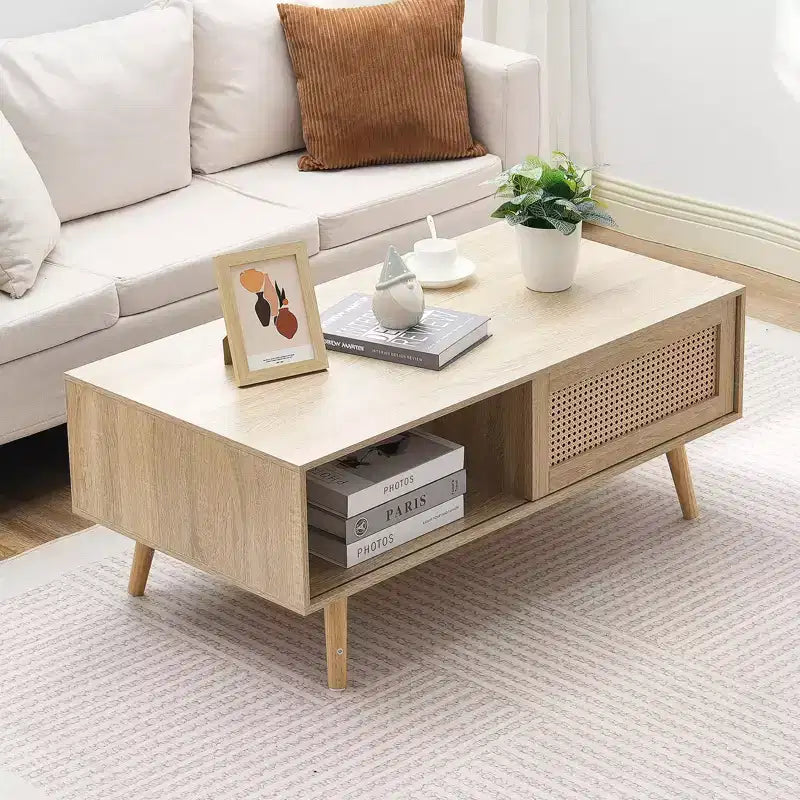 Tavolino da caffè VEVOR in rattan, tavolino da caffè moderno di metà secolo, tavolino da caffè rettangolare in legno, tavolino da caffè moderno stile Boho a due livelli da 42 pollici