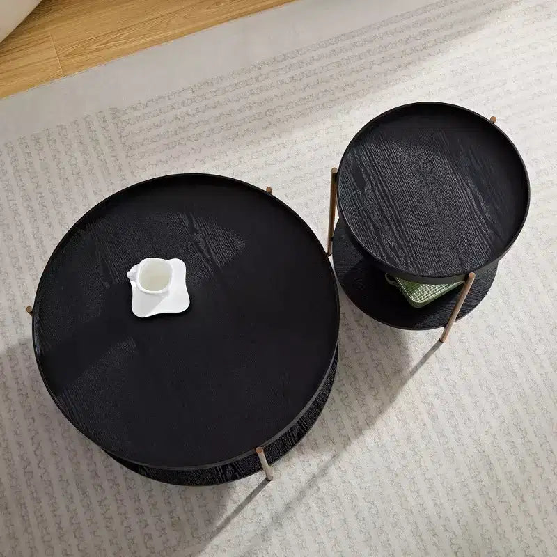 Set di 2 tavolini da caffè rotondi impilabili Okak a 2 ripiani, tavolini laterali moderni per soggiorno/ufficio, salvaspazio per balcone o cortile