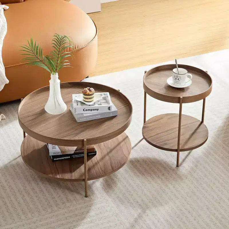 Set di 2 tavolini da caffè rotondi impilabili Okak a 2 ripiani, tavolini laterali moderni per soggiorno/ufficio, salvaspazio per balcone o cortile