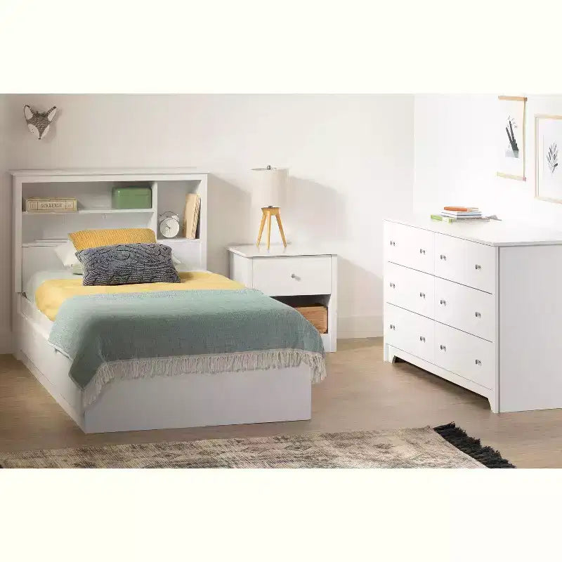 HomeStock Letto Matrimoniale a Una Piazza e Mezza 101,6 cm H Bianco con Libreria in Truciolato Rete