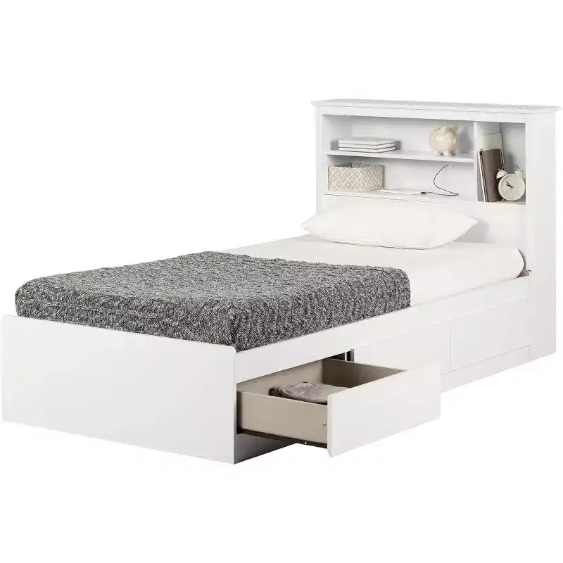 HomeStock Letto Matrimoniale a Una Piazza e Mezza 101,6 cm H Bianco con Libreria in Truciolato Rete