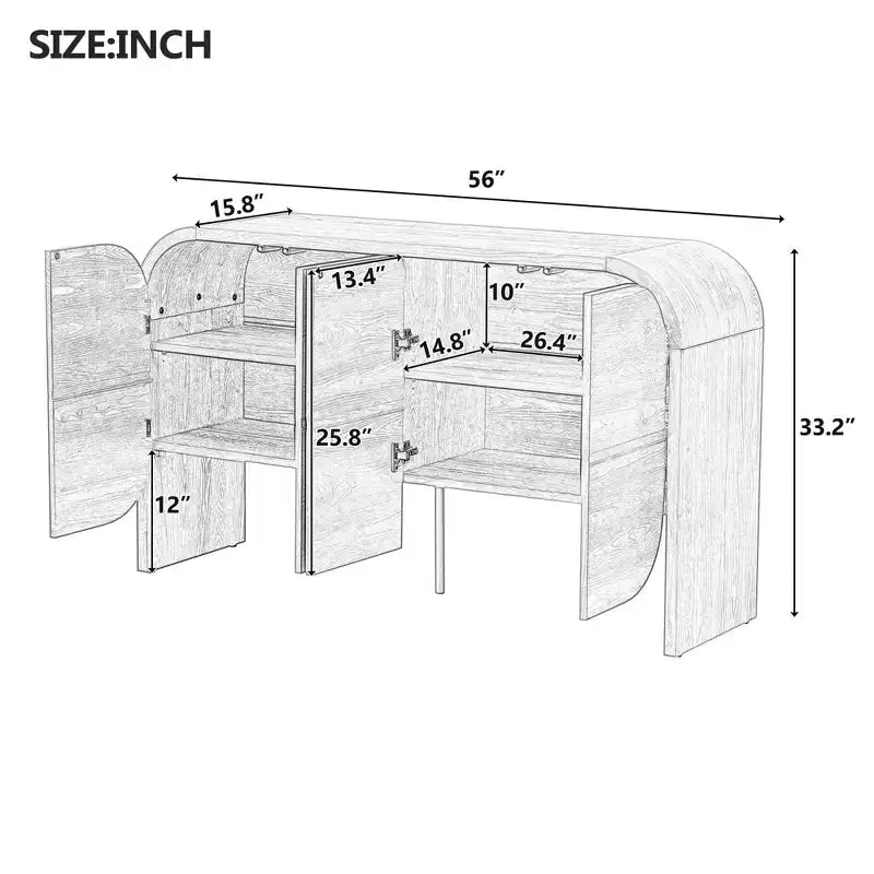 Mobile Credenza in Legno con Bordo Curvo, Credenza Retrò a 4 Ante con Ripiani Regolabili per Soggiorno