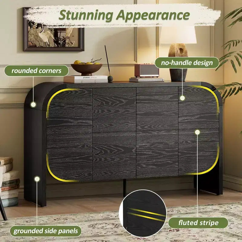 Mobile Credenza in Legno con Bordo Curvo, Credenza Retrò a 4 Ante con Ripiani Regolabili per Soggiorno