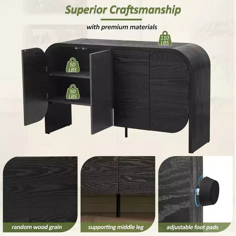 Mobile Credenza in Legno con Bordo Curvo, Credenza Retrò a 4 Ante con Ripiani Regolabili per Soggiorno