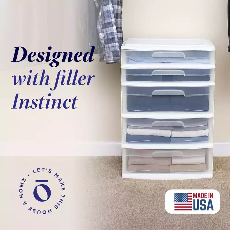 Torre contenitore e organizer Homz extra-large in plastica con 5 cassetti trasparenti per casa, ufficio, aula, artigianato, forniture artistiche, vestiti, struttura bianca