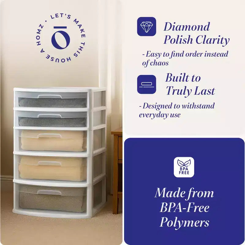 Torre contenitore e organizer Homz extra-large in plastica con 5 cassetti trasparenti per casa, ufficio, aula, artigianato, forniture artistiche, vestiti, struttura bianca