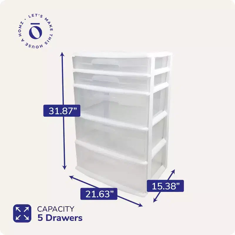 Torre contenitore e organizer Homz extra-large in plastica con 5 cassetti trasparenti per casa, ufficio, aula, artigianato, forniture artistiche, vestiti, struttura bianca
