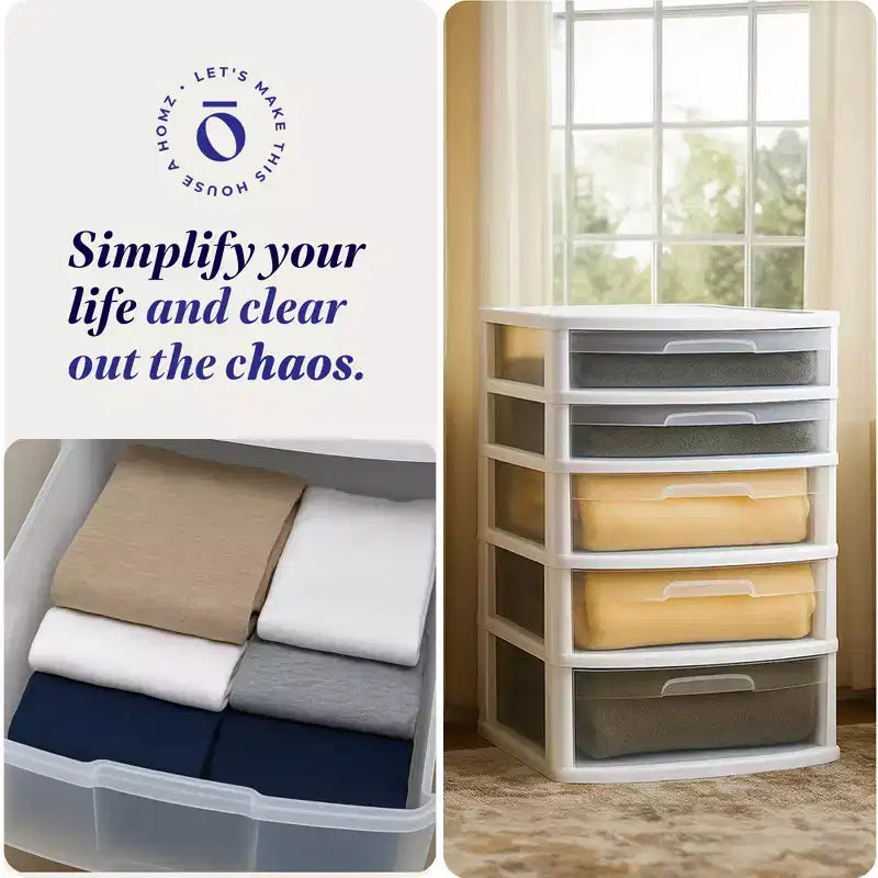 Torre contenitore e organizer Homz extra-large in plastica con 5 cassetti trasparenti per casa, ufficio, aula, artigianato, forniture artistiche, vestiti, struttura bianca