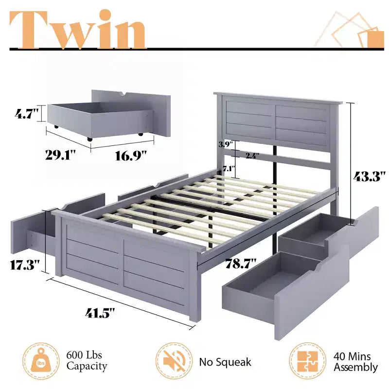 AMERLIFE Letto con testiera, Basi letto con 4 cassetti contenitore