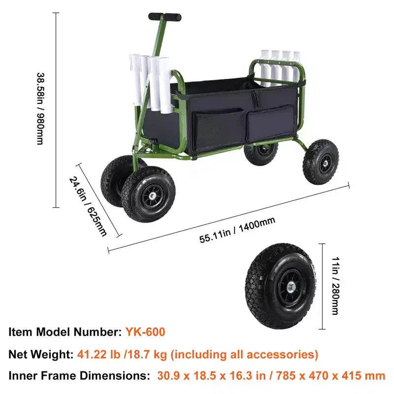 Carrello da Pesca da Spiaggia VEVOR, Capacità di Carico 136 kg, Carrello Pieghevole per Pesca e Marina con Quattro Grandi Ruote a Palloncino da 28 cm in Gomma