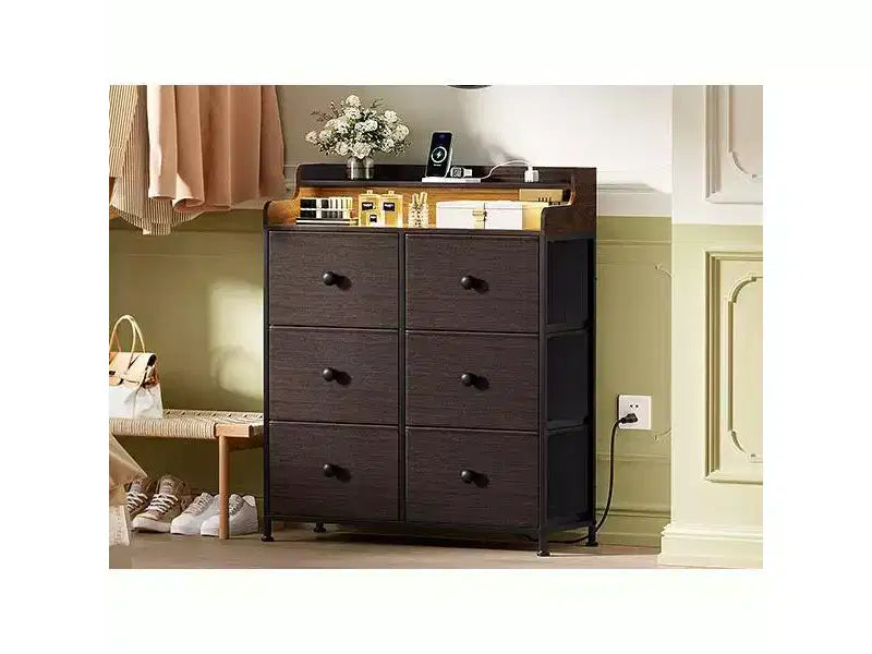Cassettiera Hausource a 6 cassetti con stazione di ricarica, luci LED, cassettiera alta con piano in legno