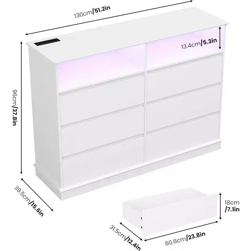 Comò bianco per camera da letto, Comò a 6 cassetti con luci a LED e stazione di ricarica, per soggiorno, corridoio