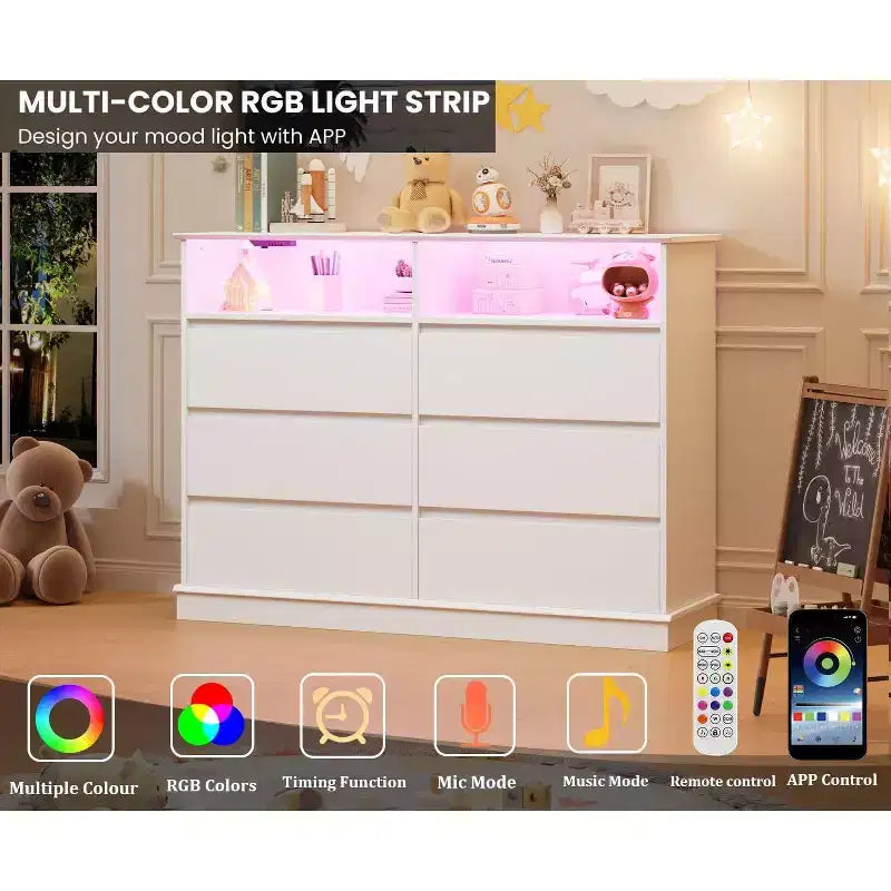 Comò bianco per camera da letto, Comò a 6 cassetti con luci a LED e stazione di ricarica, per soggiorno, corridoio