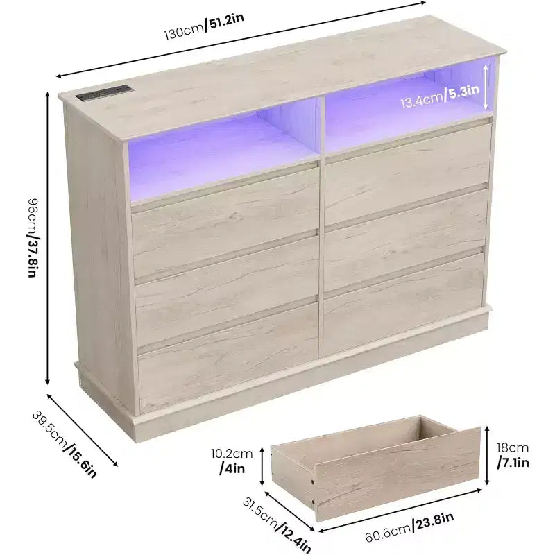 Comò bianco per camera da letto, Comò a 6 cassetti con luci a LED e stazione di ricarica, per soggiorno, corridoio